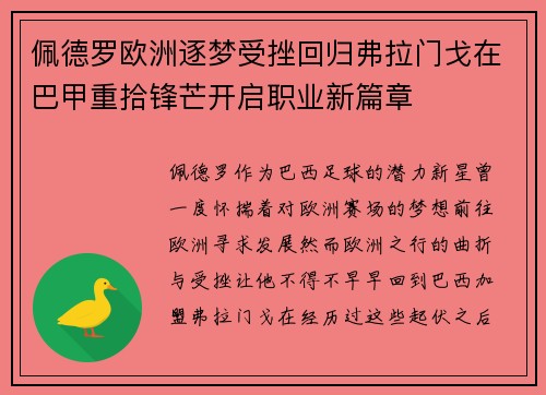 佩德罗欧洲逐梦受挫回归弗拉门戈在巴甲重拾锋芒开启职业新篇章